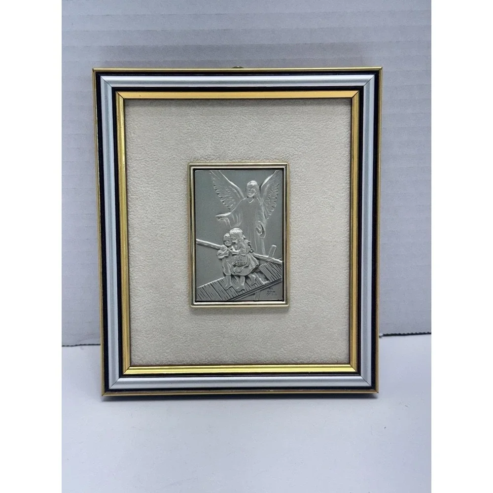 VTG Italian .925 Sterling Silver Guardian Angel Framed Plaque Mint Original Box
